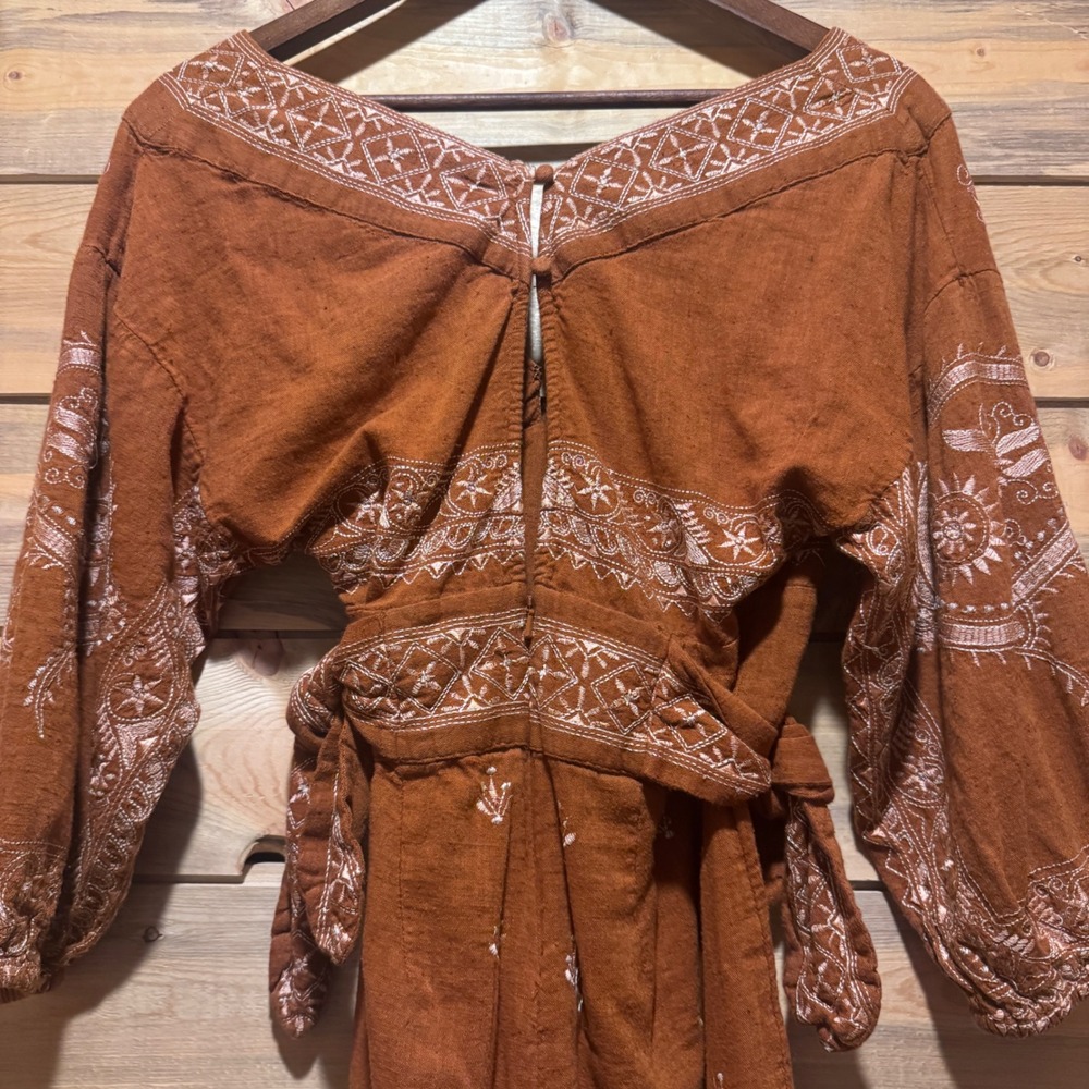 Free People Azalia Rust Brown Embroidered Long‎ Sleeve Romper Boho Small - Picture 6 of 8